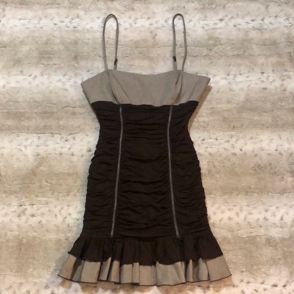 BEBE- Shirred Ruffle Dress